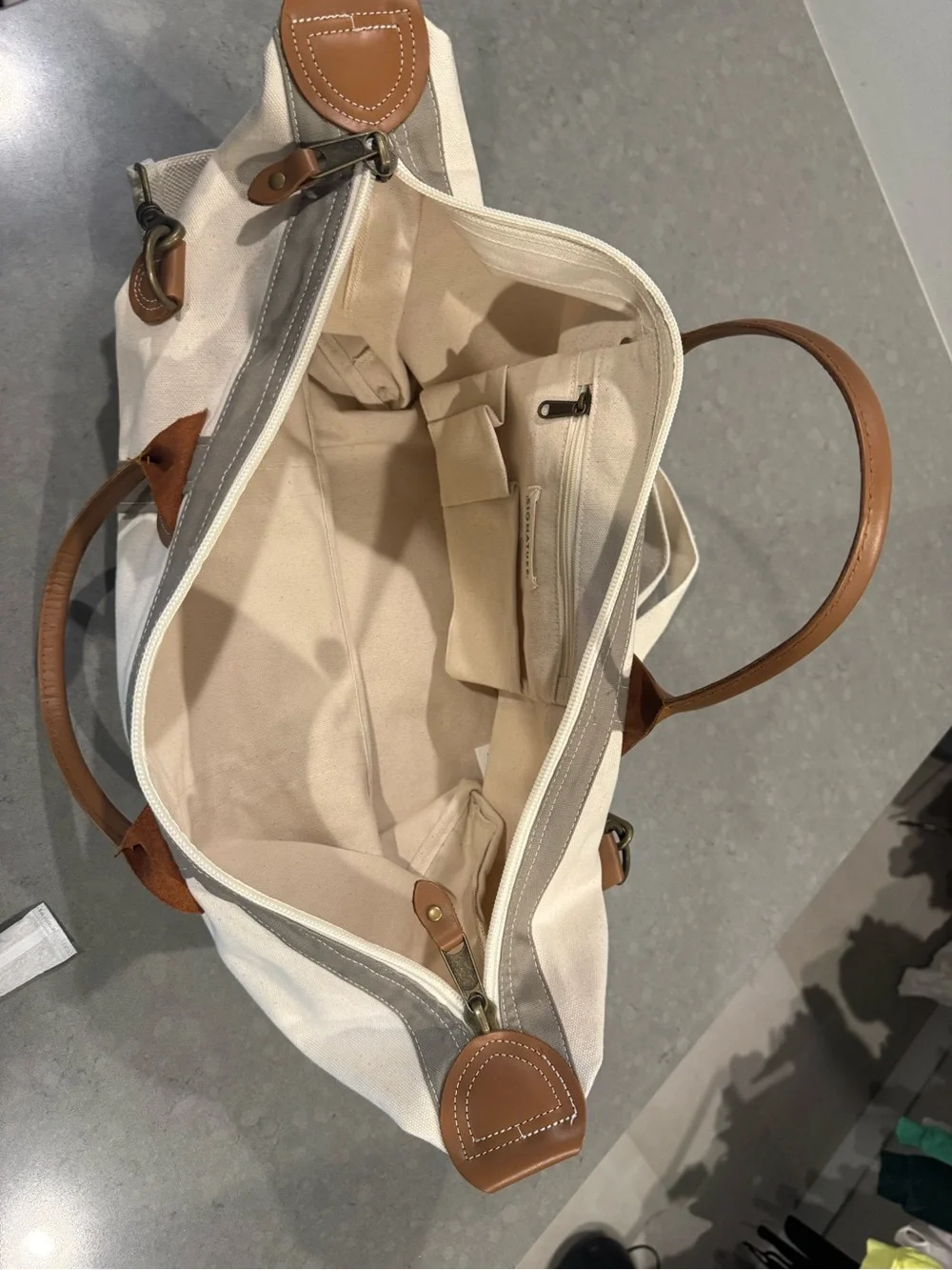 Signature Canvas Weekender Duffel - Cream and Gray